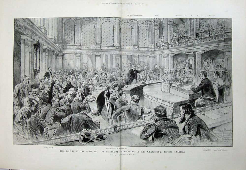 Original Old Antique Print 1896 Transvaal War Court Johannesburg Committee Men