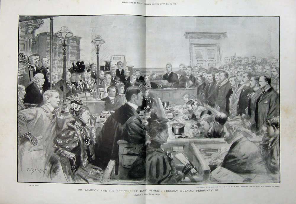 Old Antique Print 1896 Dr Jameson Officers Bow Street Court Villiers Men 19th