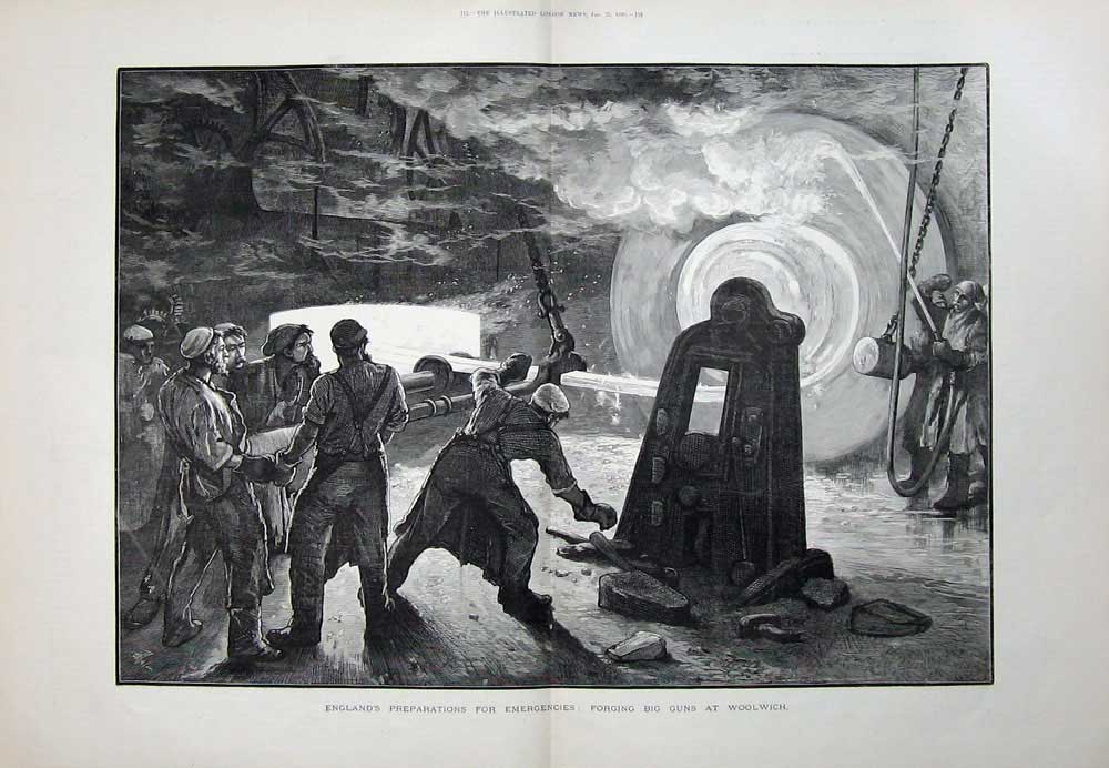 Old Antique Print 1896 England War Forging Big Guns Woolwich Weapons Men 19th