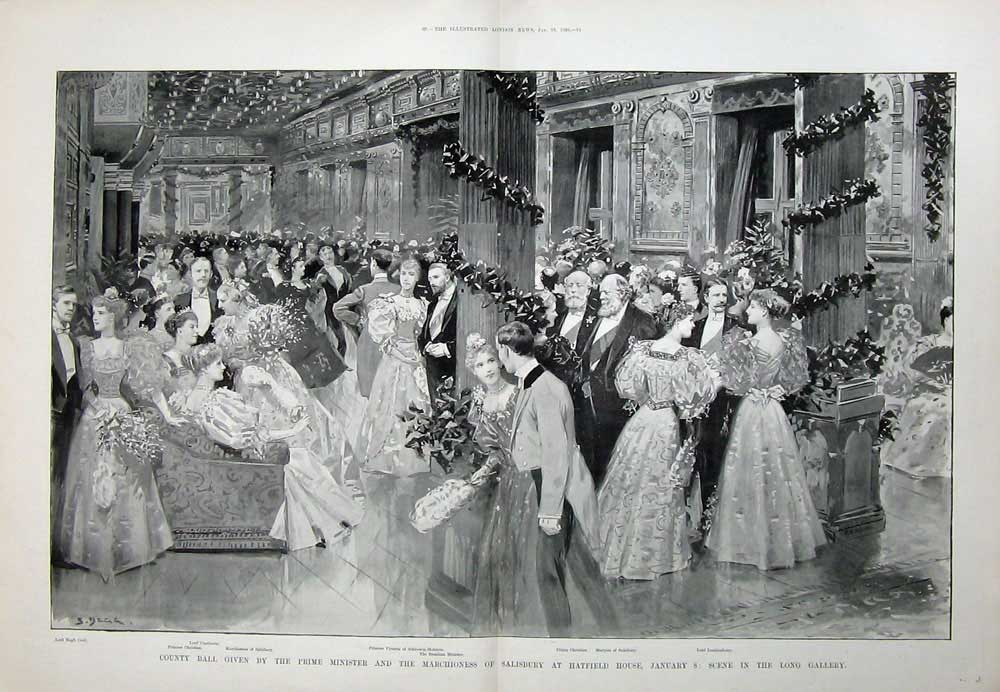 Old Antique Print 1896 Hatfield House County Dance Marchioness Salisbury 19th