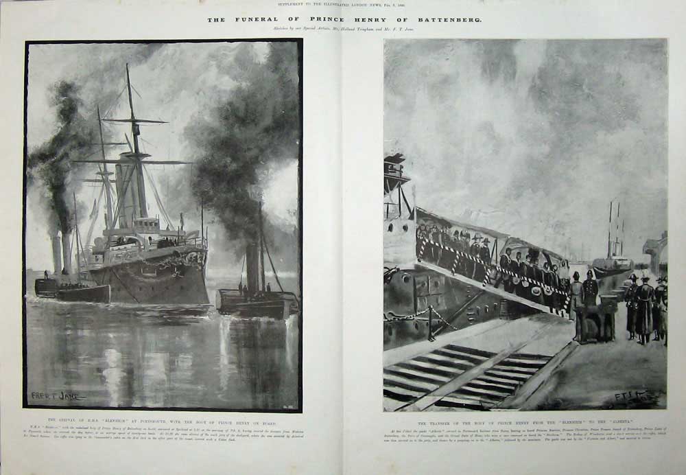 Original Old Antique Print 1896 Funeral Prince Henry Battenberg Ship Blenheim