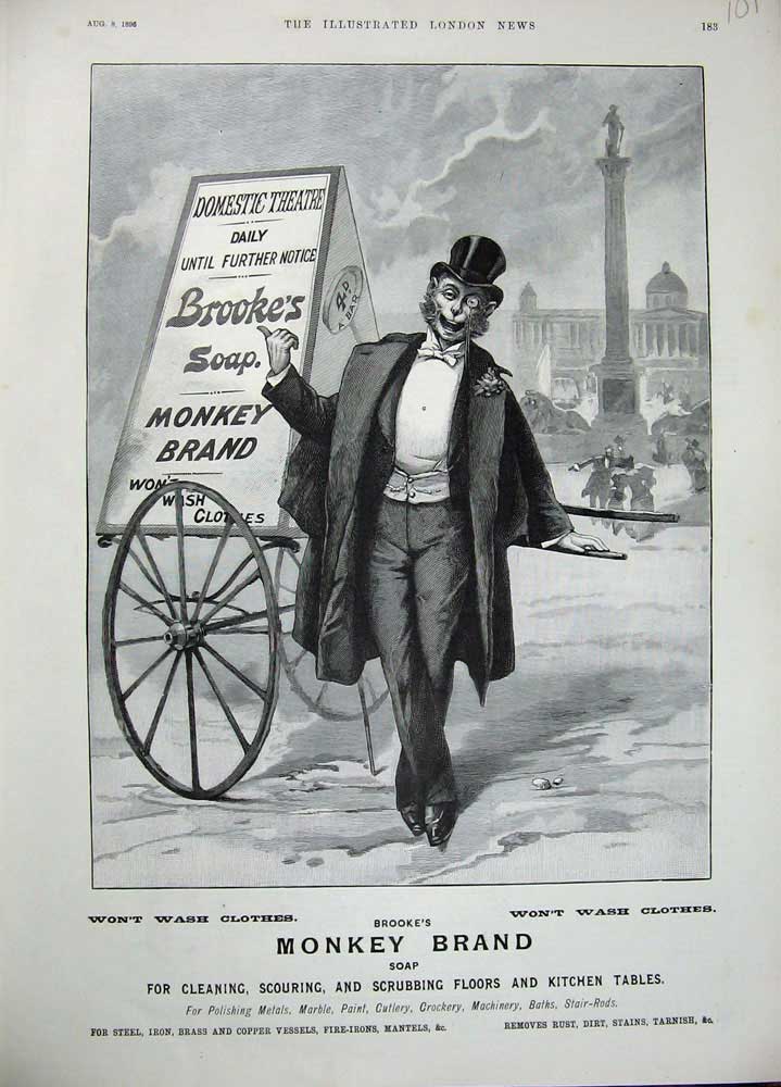 Old Antique Print 1896 Advertisement Brooke'S Monkey Brand Soap Cleaning 19th