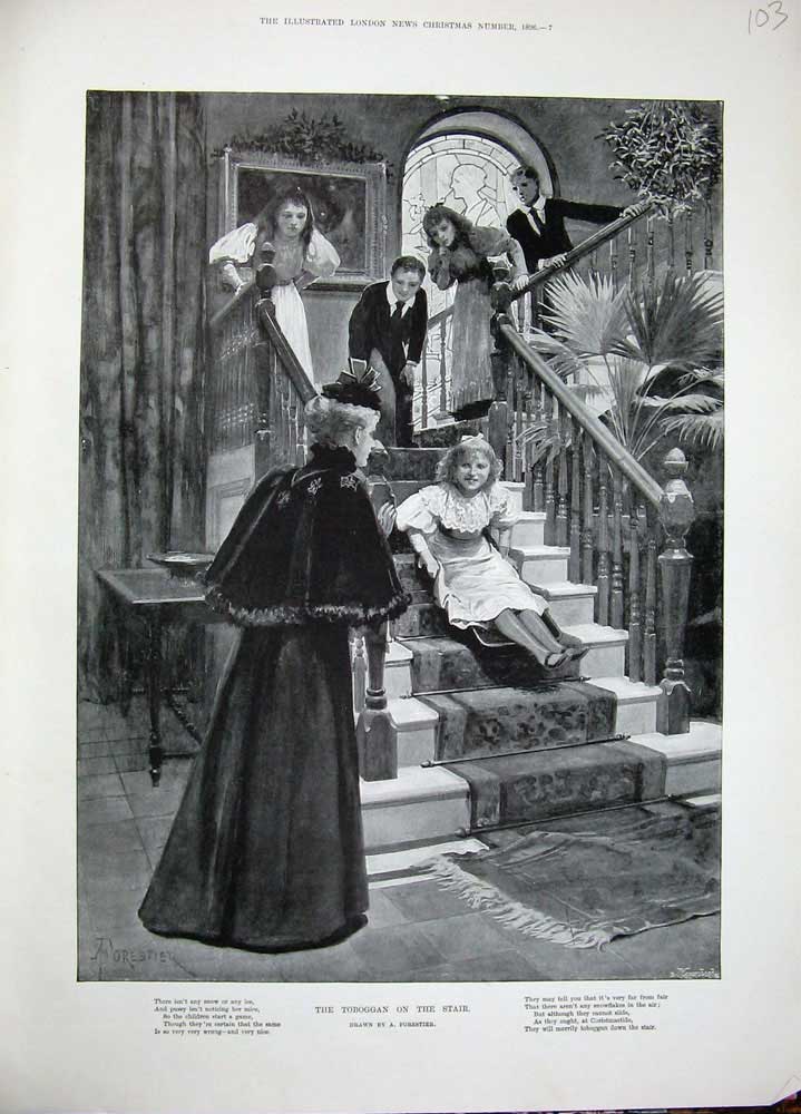 Old Antique Print 1896 Forestier Children Toboggan Stairs Playing House 19th