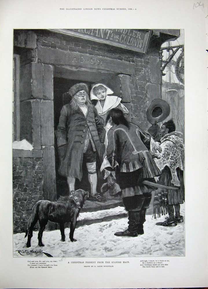 Original Old Antique Print 1896 Woodville Christmas House Snow Spanish Man 19th