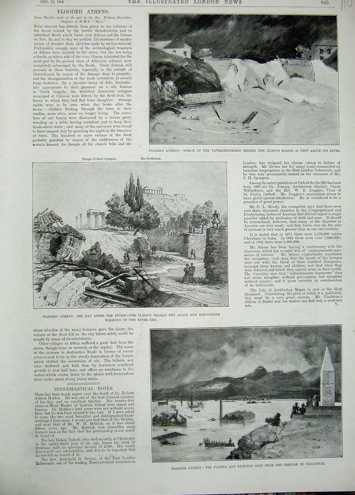 Original Old Antique Print 1896 Athens Flood Vatrochonesion Bridge Phalerum