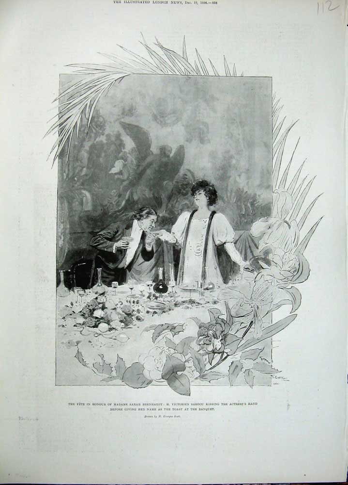 Original Old Antique Print 1896 Victorien Sardou Madame Bernhardt Banquet Scott