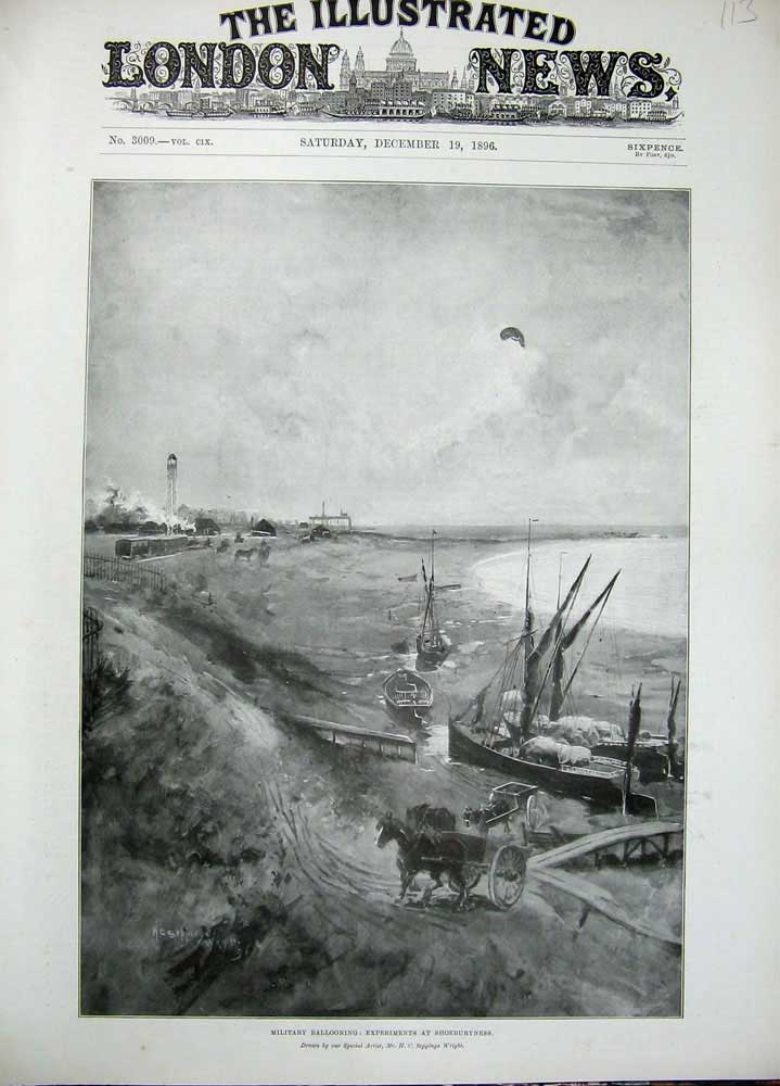 Old Antique Print 1896 Shoeburyness Experiments Military Ballooning Ships 19th
