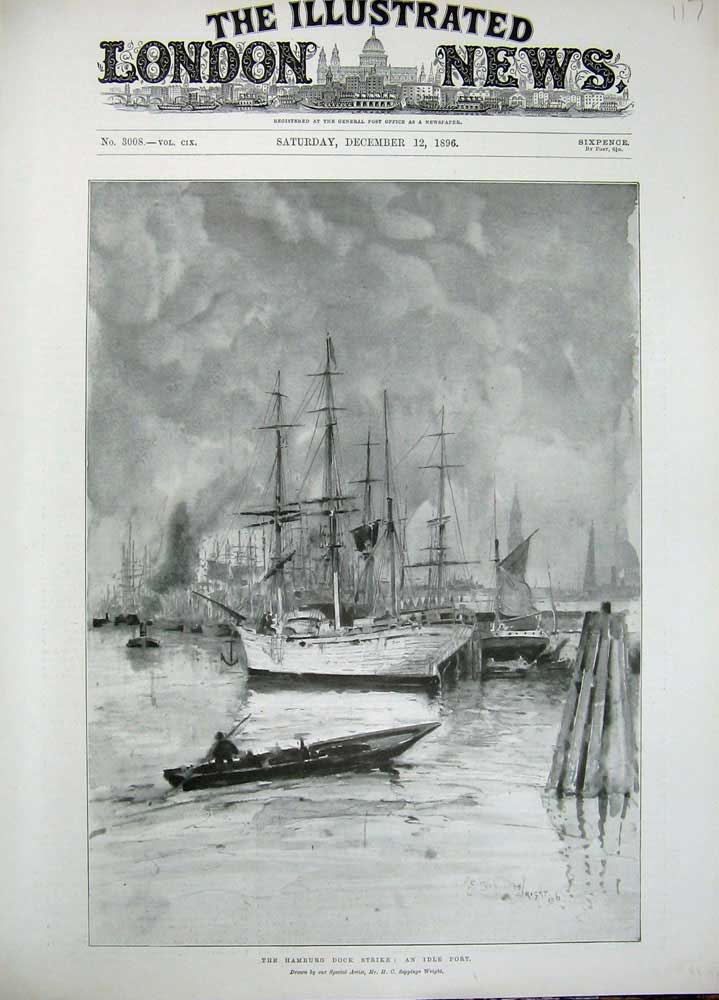 Original Old Antique Print 1896 Hamburg Dock Strike Port Sailing Ships Wright