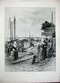 Original Old Antique Print 1896 View Dutch Fishing Village Ships Fishing People