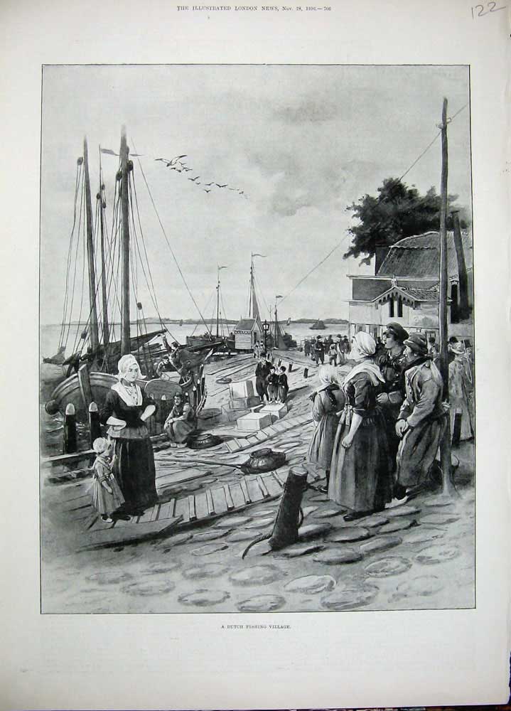 Original Old Antique Print 1896 View Dutch Fishing Village Ships Fishing People