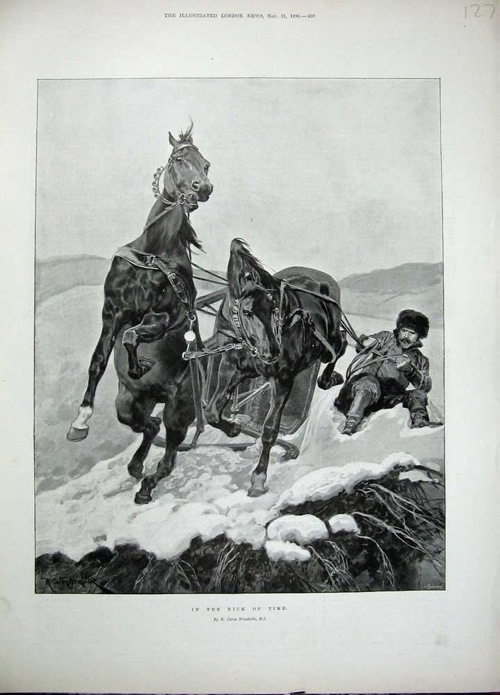 Old Antique Print 1896 Woodville Fine Art Horse Sledge Snow Accident Man 19th