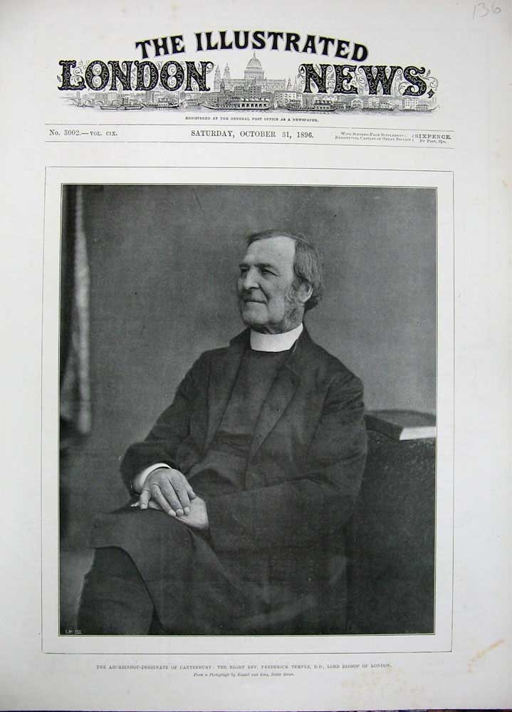 Old Antique Print 1896 Archbishop Canterbury Frederick Temple London Lord 19th