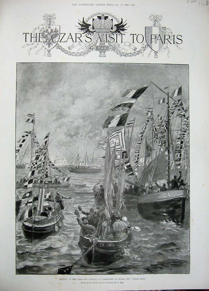 Old Antique Print 1896 Czar Czarina Cherbourg Polar Star Ship Sailing Art 19th