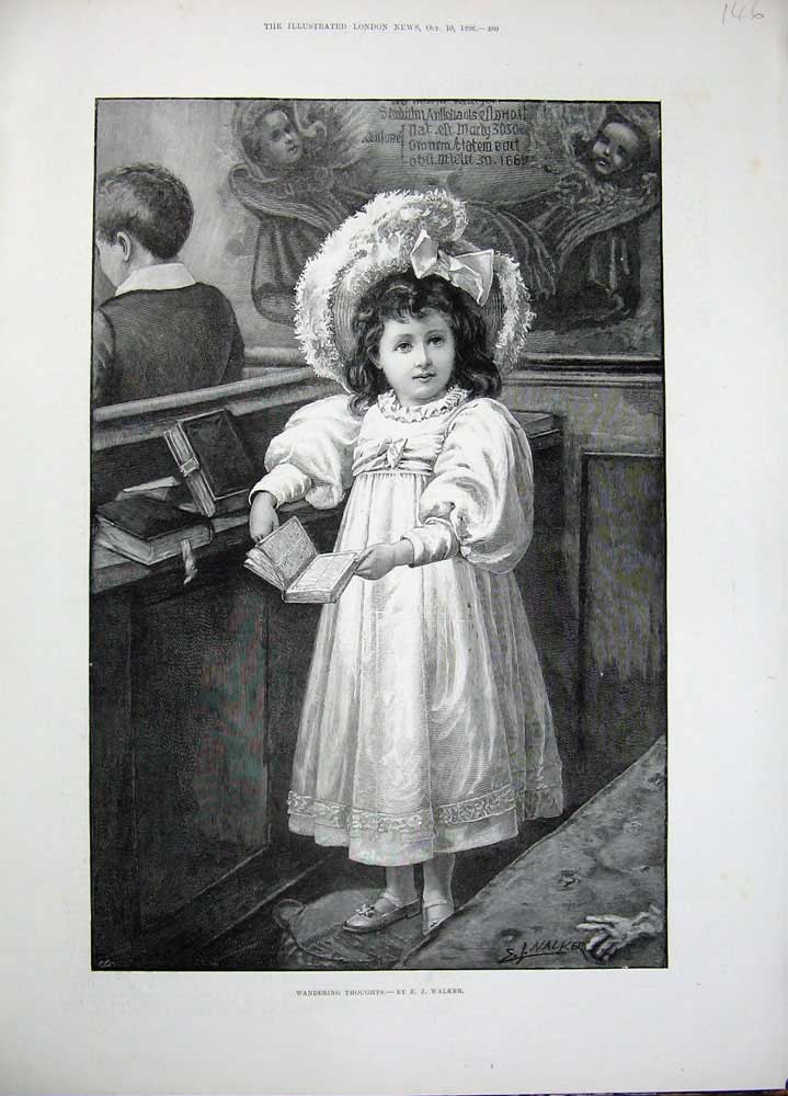 Original Old Antique Print 1896 Walker Fine Art Little Girl Church Book Bible