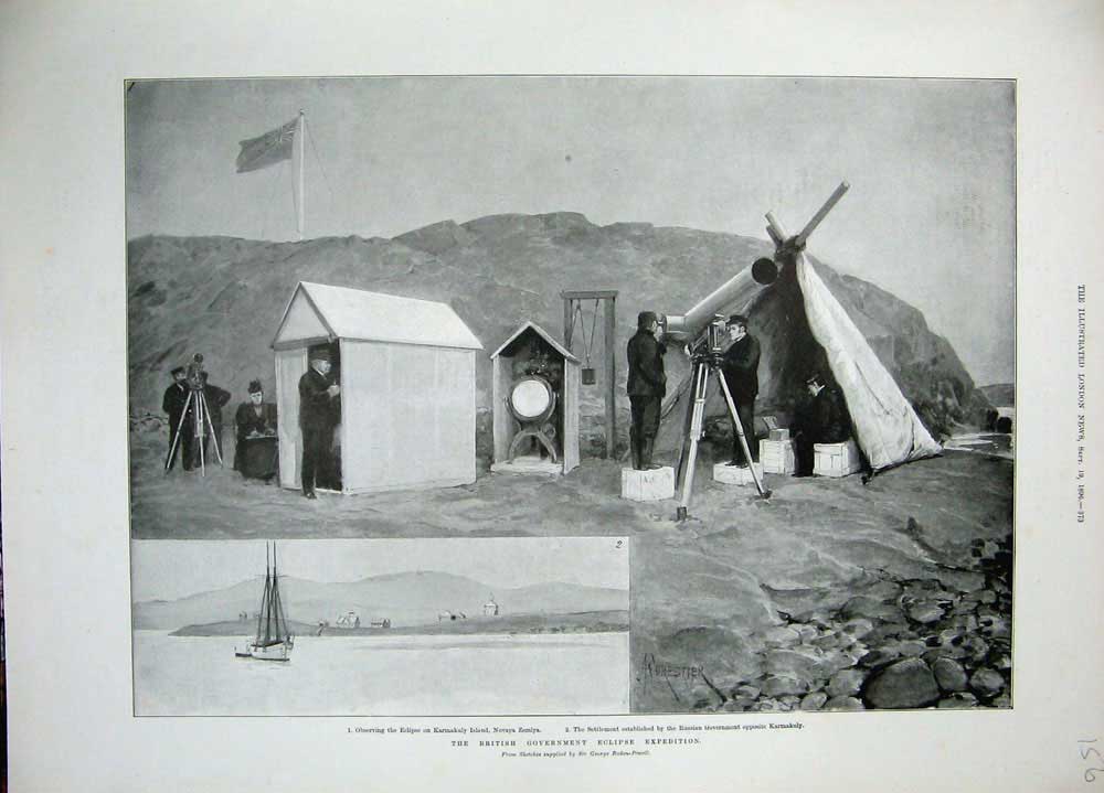 Original Old Antique Print 1896 British Government Eclipse Expedition Karmakuly