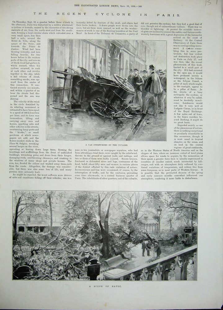 Original Old Antique Print 1896 Cyclone Spain Motor Cab Overturned Trees Storm