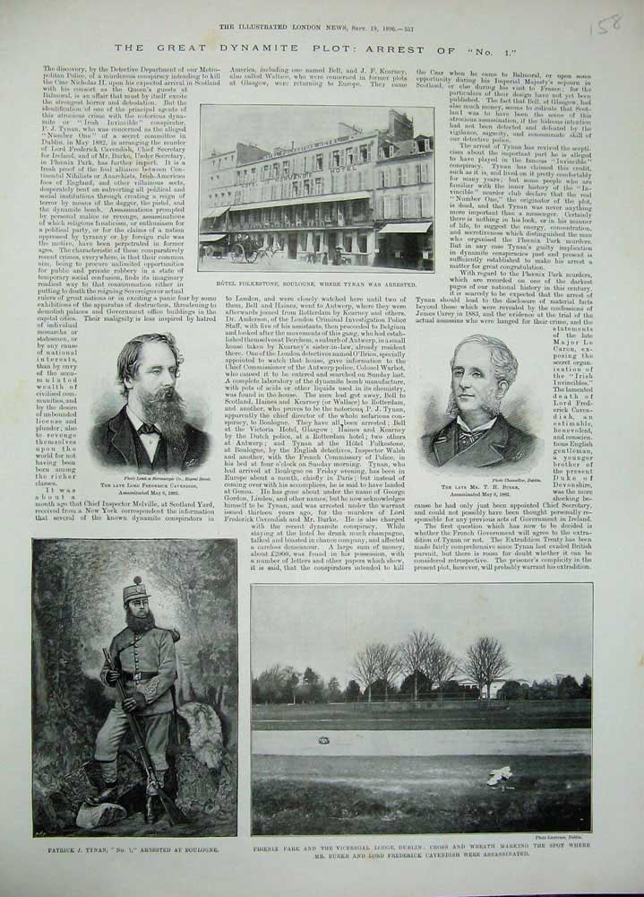 Original Old Antique Print 1896 Boulogne Burke Cavendish Tynan Dynamite Phoenix