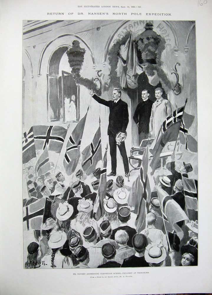 Original Old Antique Print 1896 Dr Nansen North Pole Norwegian School Trondhjem