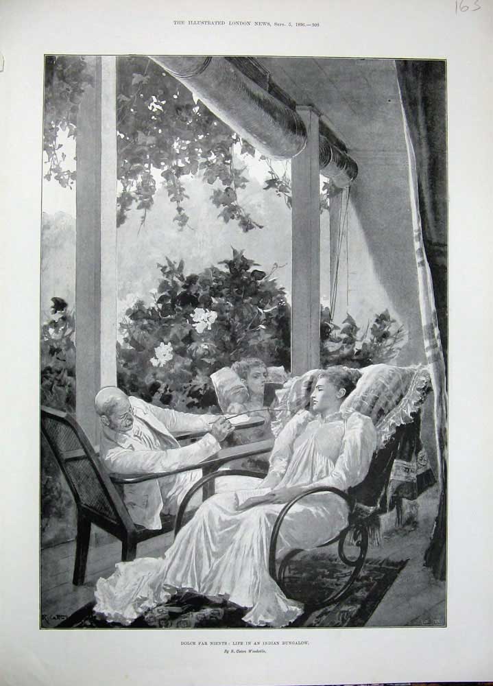 Old Antique Print 1896 Man Women Relaxing Indian Bungalow Woodville Art 19th