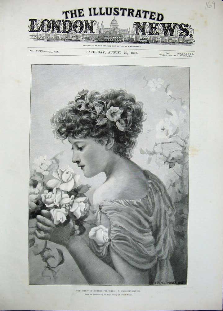 Original Old Antique Print 1896 Portrait Summer Perfumes Lady Flowers Prescott