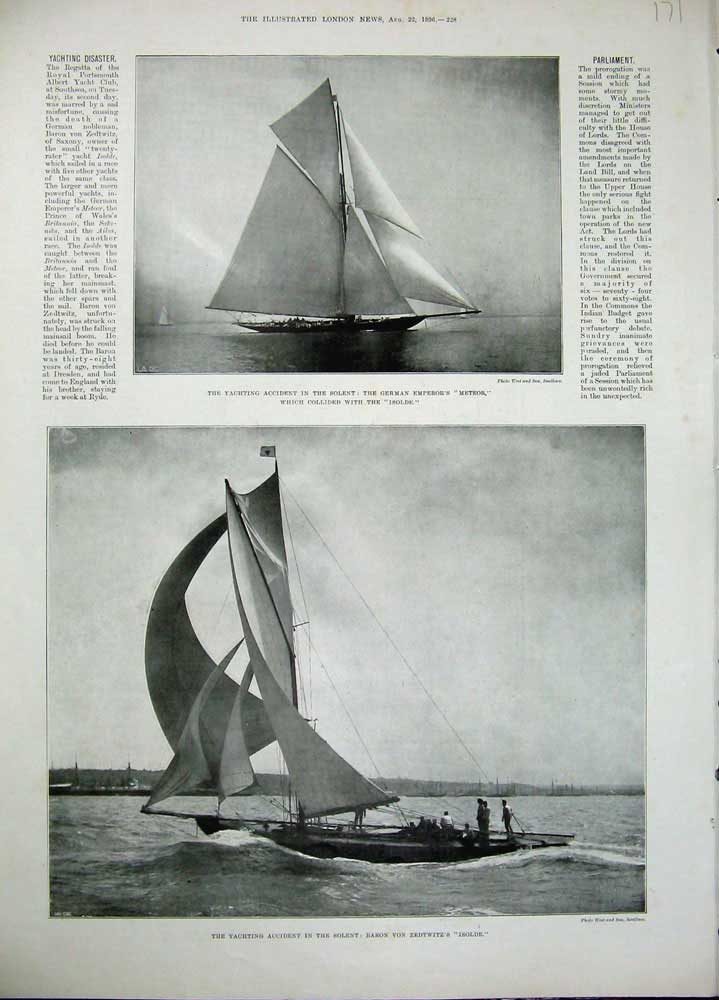 Original Old Antique Print 1896 Yachting Accident Solent Zedtwitz'S Ise Boat