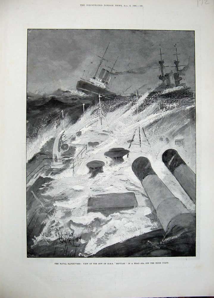 Old Antique Print 1896 Naval Manouvres Bow Ship Repulse Irish Coast Sea 19th