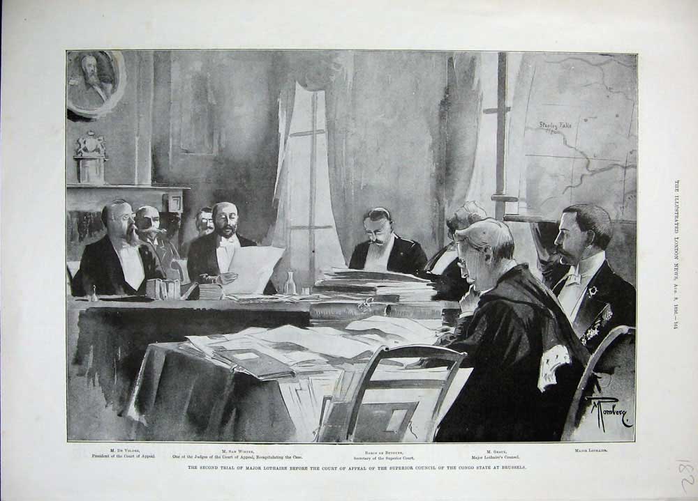 Old Antique Print 1896 Court Appeal Trial Major Lothaire Congo Brussels 19th