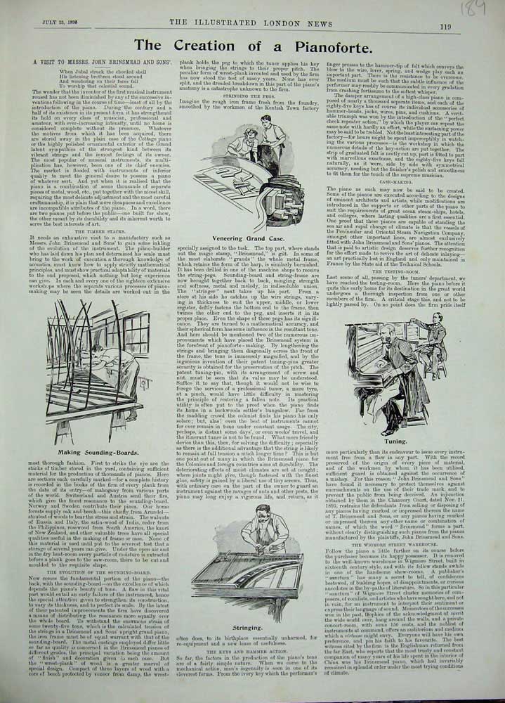 Original Old Antique Print 1896 Creation Pianoforte Veneering Tuning Stringing