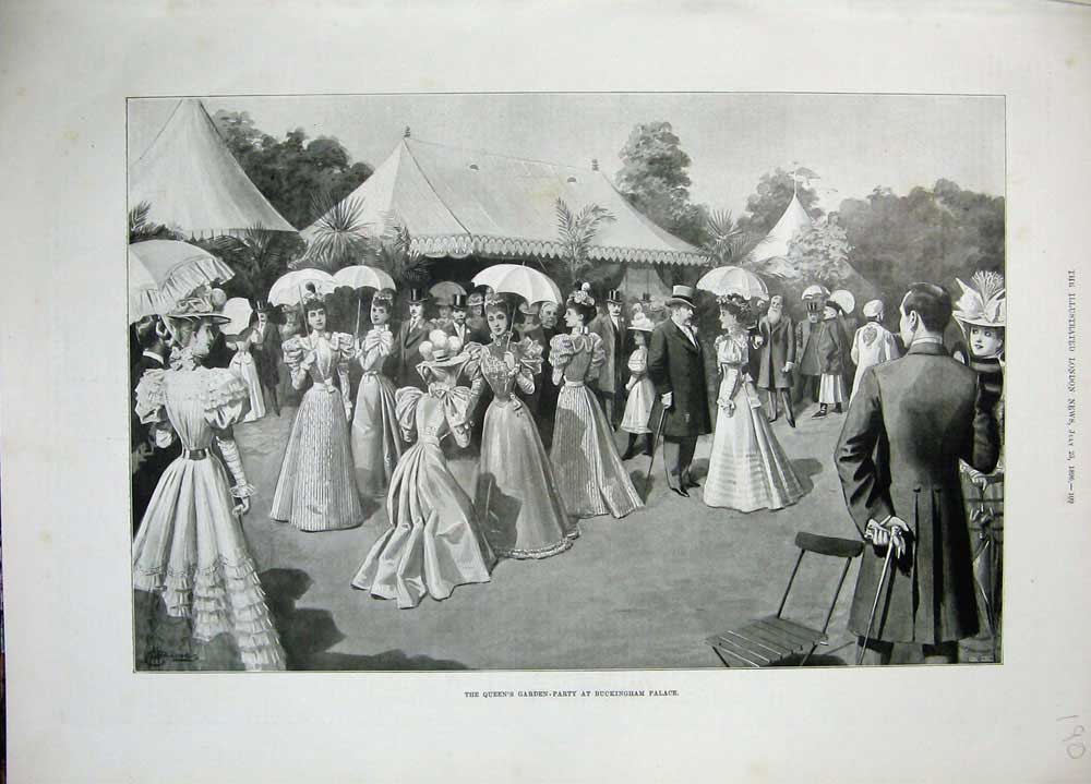 Original Old Antique Print 1896 Queens Garden Party Buckingham Palace London