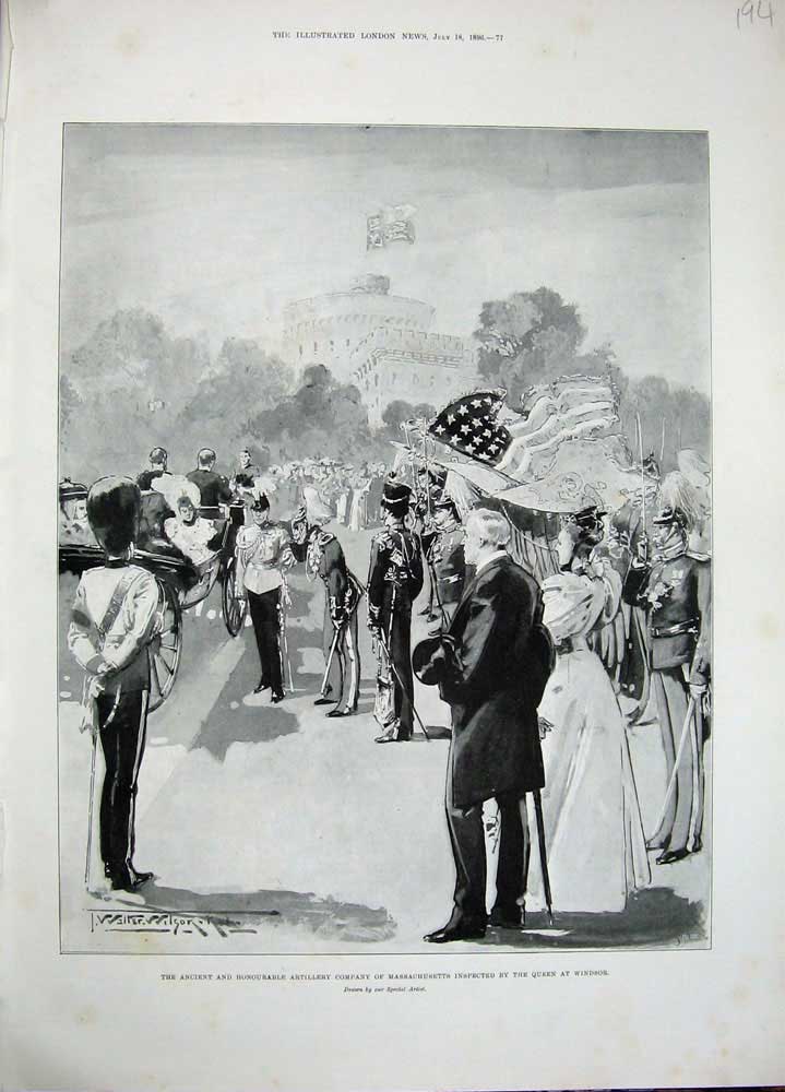 Original Old Antique Print 1896 Artillery Company Massachusetts Queen Windsor