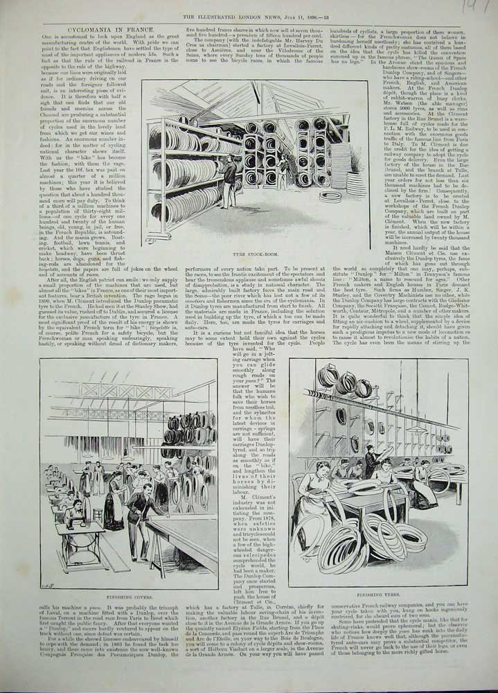 Original Old Antique Print 1896 Motor Car Tyres Stock-Room Working Transport