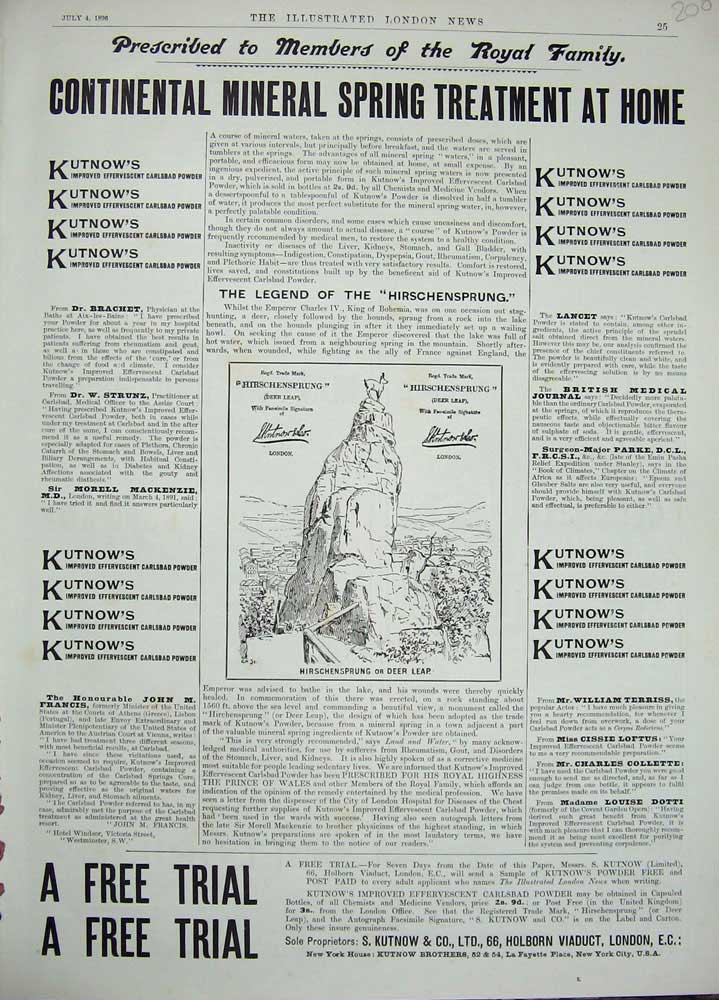 Original Old Antique Print 1896 Advertisement Kutnow Mineral Treatment Spring