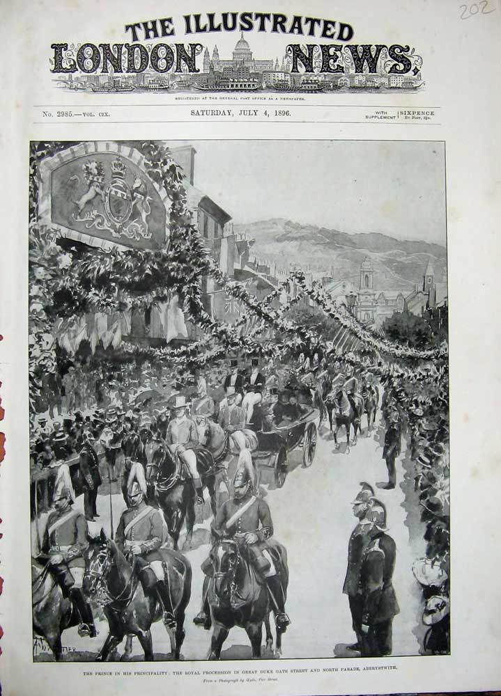 Original Old Antique Print 1896 Royal Procession Duke Street Aberystwith Prince