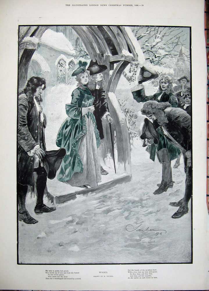 Old Antique Print 1896 Lady Manor Little Girl Church Men Bible Fine Art 19th
