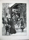 Old Antique Print 1896 Lady Christmas Basket Holly Village Children Art 19th