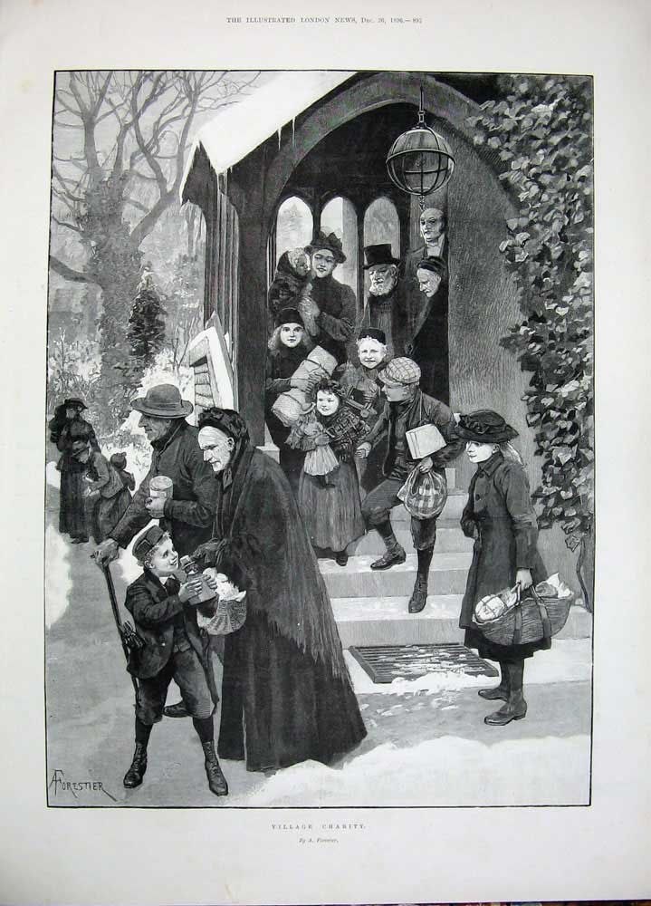 Old Antique Print 1896 Lady Christmas Basket Holly Village Children Art 19th