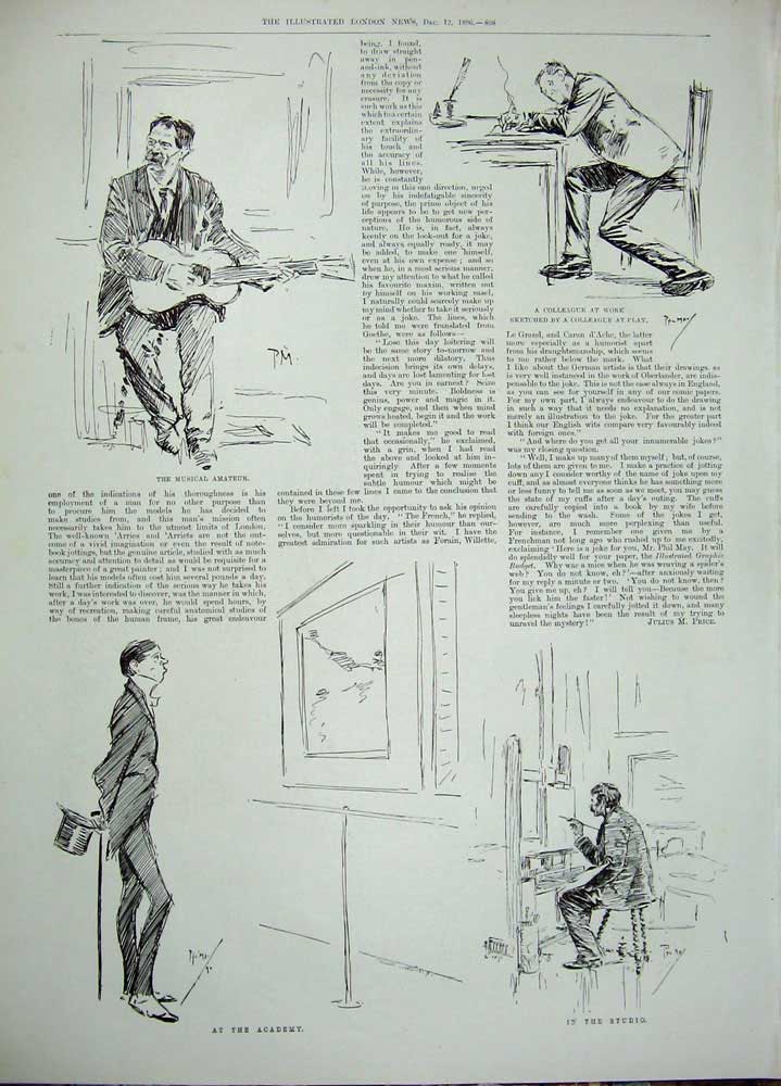 Old Antique Print 1896 Phil May Artist Music Work Studio French Comique 19th