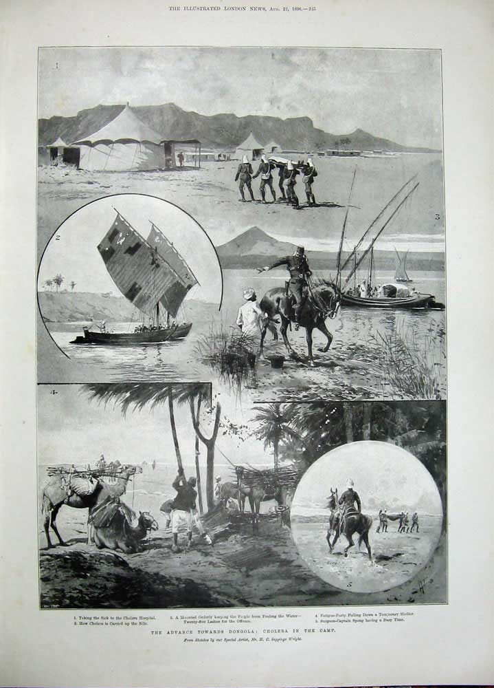 Original Old Antique Print 1896 Children Bathing Sea Dongola War Cholera Camp