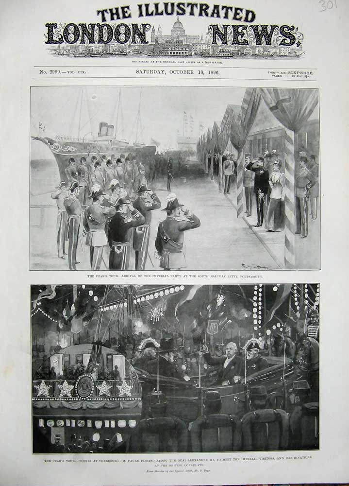 Old Antique Print 1896 Czar Railway Jetty Portsmouth Ships Cherbourg Tour 19th