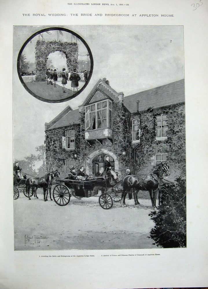 Original Old Antique Print 1896 Royal Wedding Appleton House Princess Charles