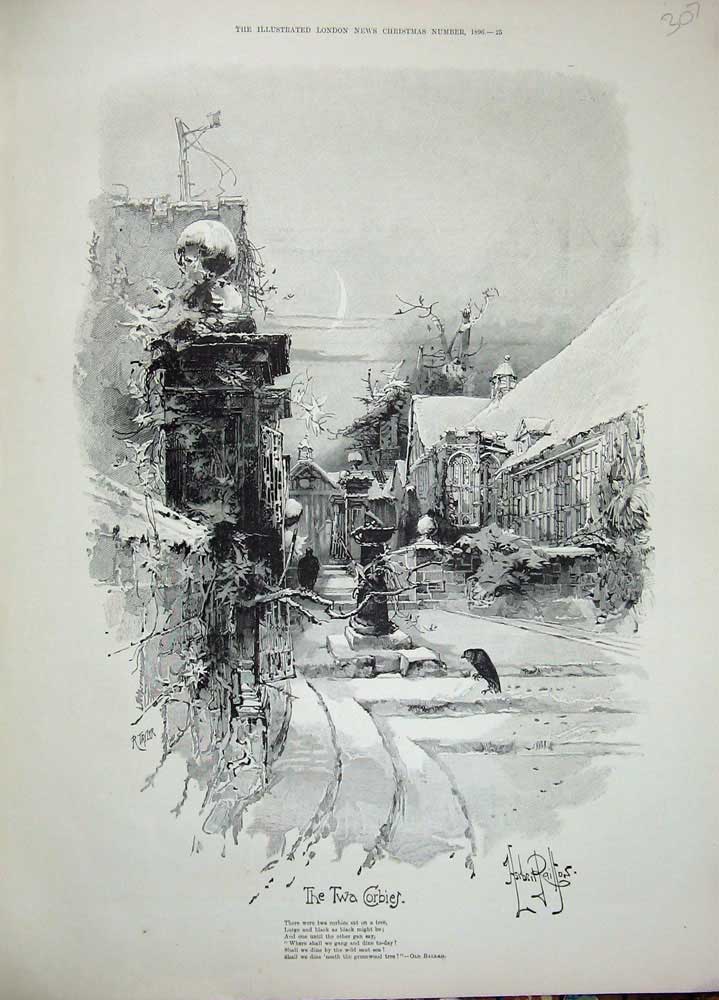 Old Antique Print 1896 Twa Corbies Birds Snow Scene Street Houses Trees 19th