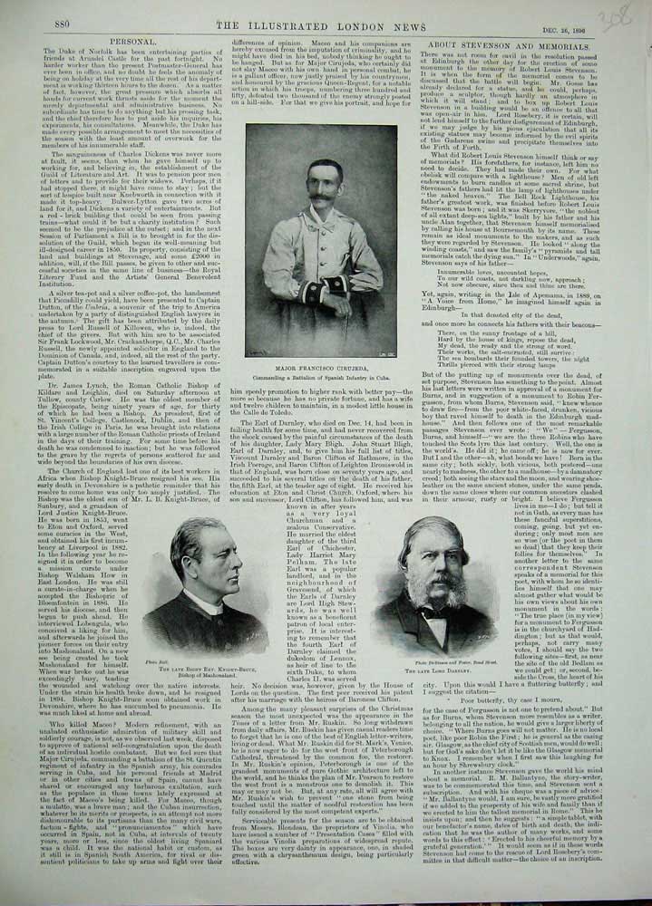 Original Old Antique Print 1896 Major Cirujeda Knight-Bruce Bishop Lord Darnley