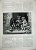Original Old Antique Print 1896 Children Sitting Door Step Fruit Kitten Clark