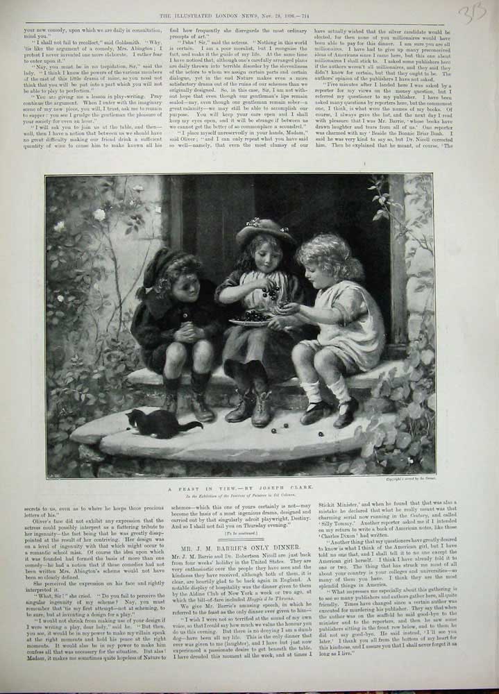 Original Old Antique Print 1896 Children Sitting Door Step Fruit Kitten Clark
