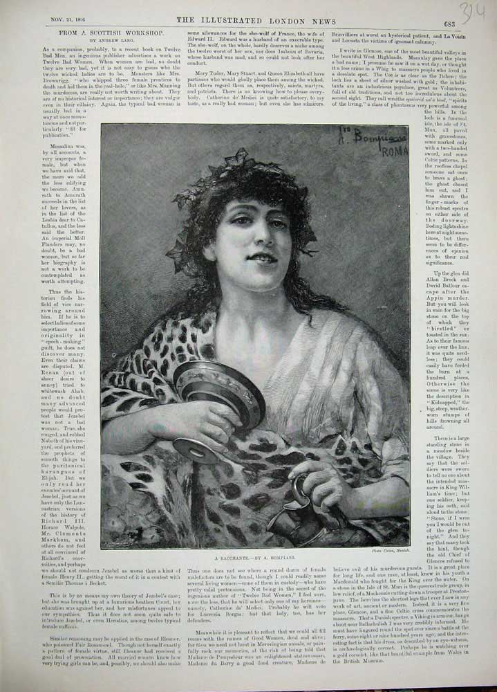 Original Old Antique Print 1896 Portrait Beautiful Lady Bacchante Bompiani Art