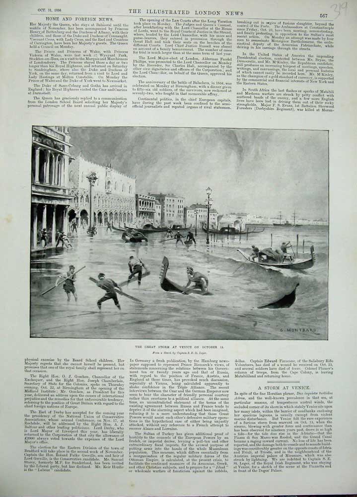 Original Old Antique Print 1896 Great Storm Venice Boats Buildings Montbard