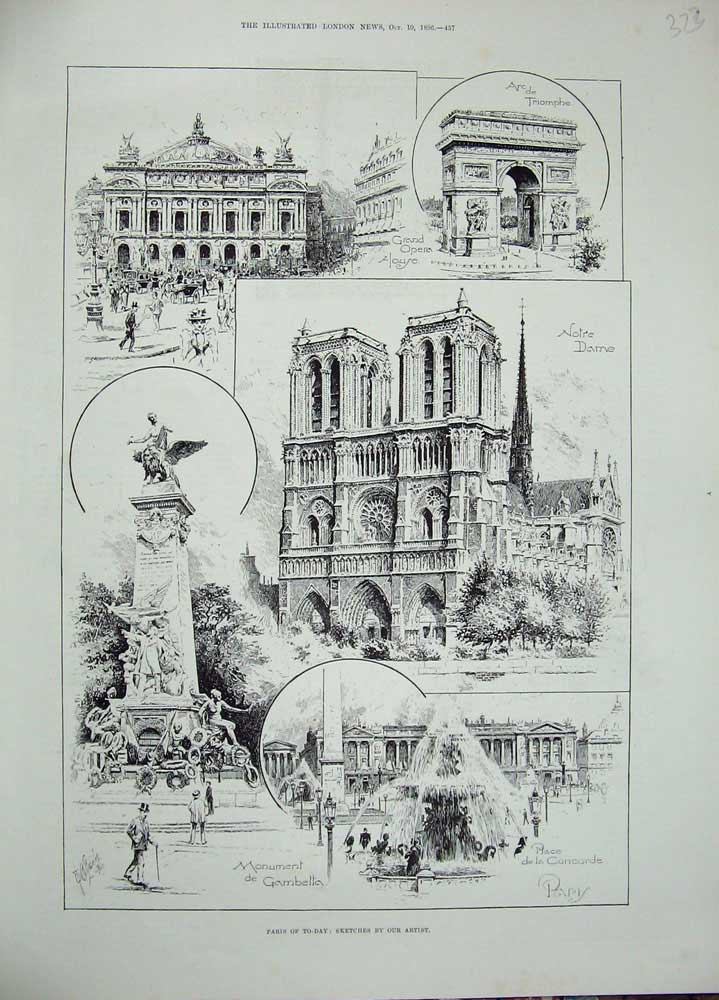 Original Old Antique Print 1896 Paris Notre Dame Gambetta Monument Opera House