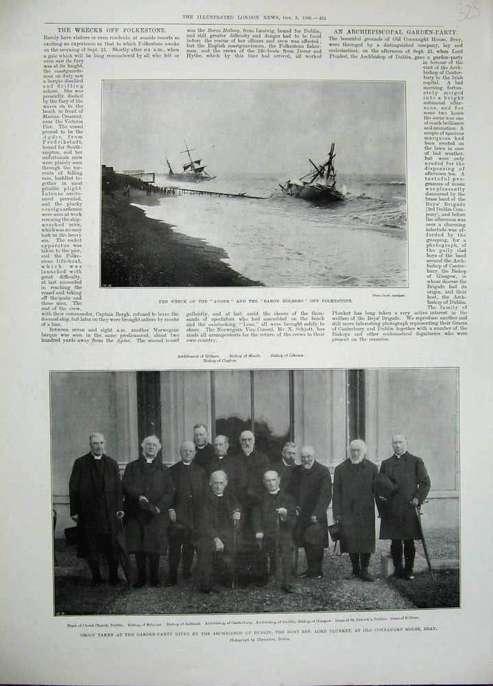 Old Antique Print 1896 Ship Wreck Agder Baron Holberg Lord Blunket Bray 19th