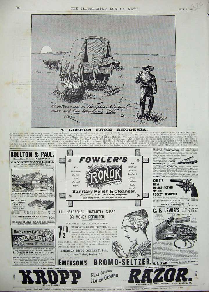 Old Antique Print 1896 Advertisement Kropp Razor Beecham Pills Revolver 19th