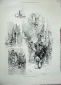 Old Antique Print 1896 Normandy France Market Place Abbey Falaife Trinite 19th